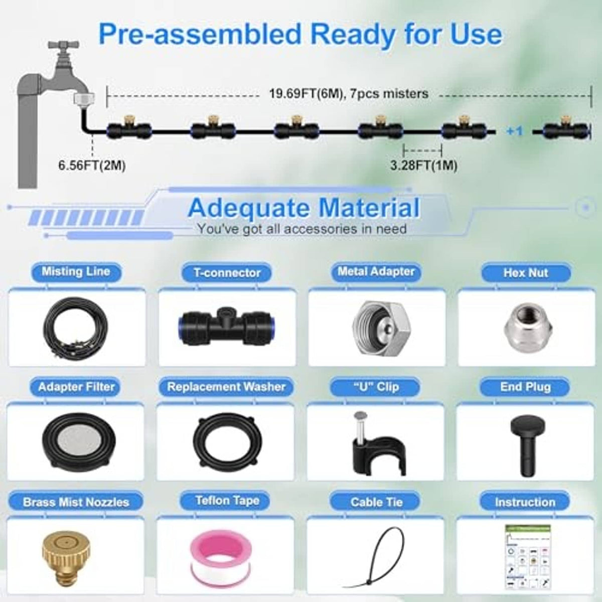 Pre-assembled misting line kit with black tubing, brass nozzles, connectors, and end plug