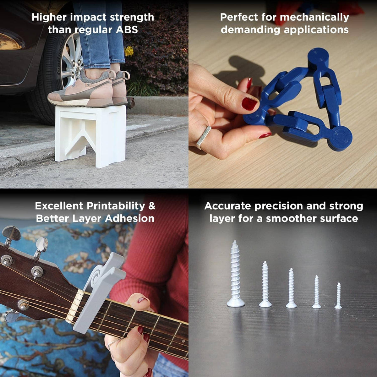 Blue PLA filament clips held in hand with small white 3D-printed parts