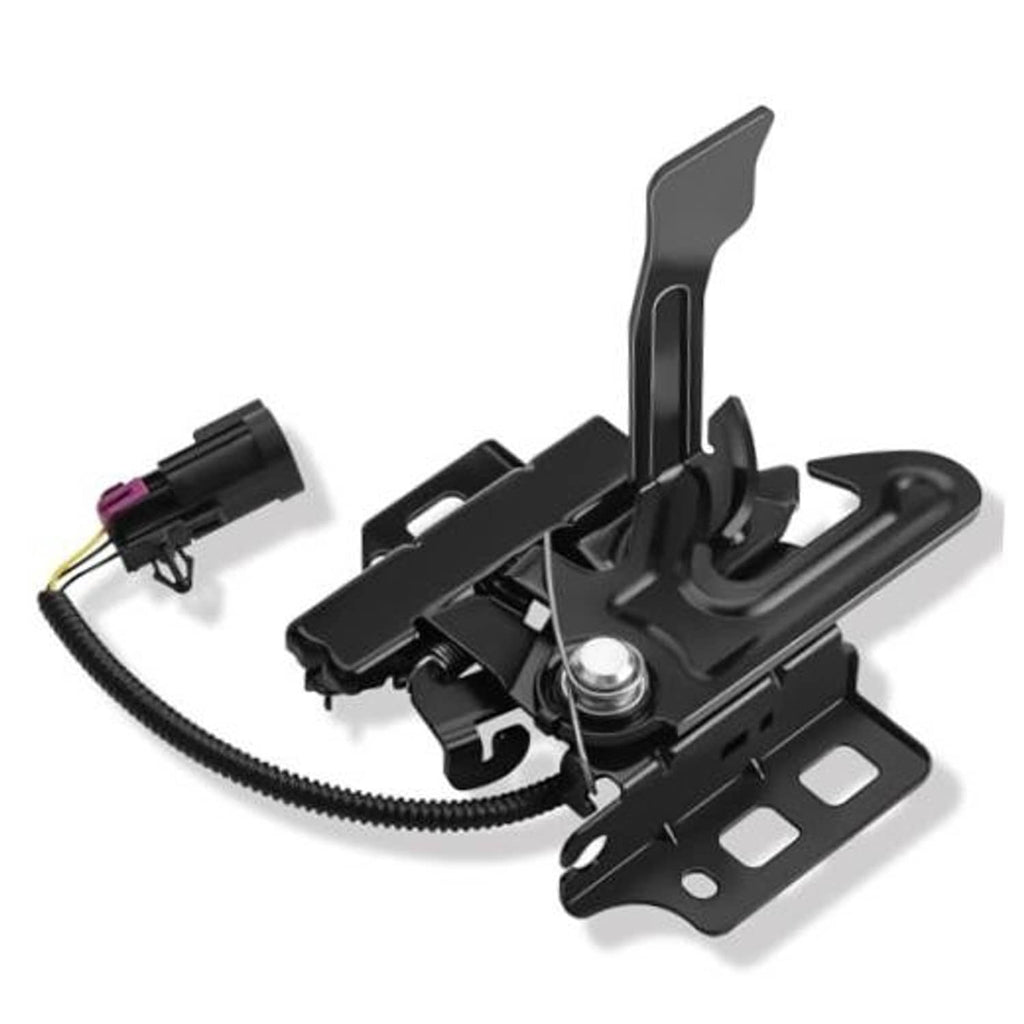 Black hood latch lock assembly with mounting bracket, actuator lever, and cable