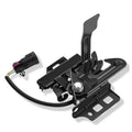 Black hood latch lock assembly with mounting bracket, actuator lever, and cable