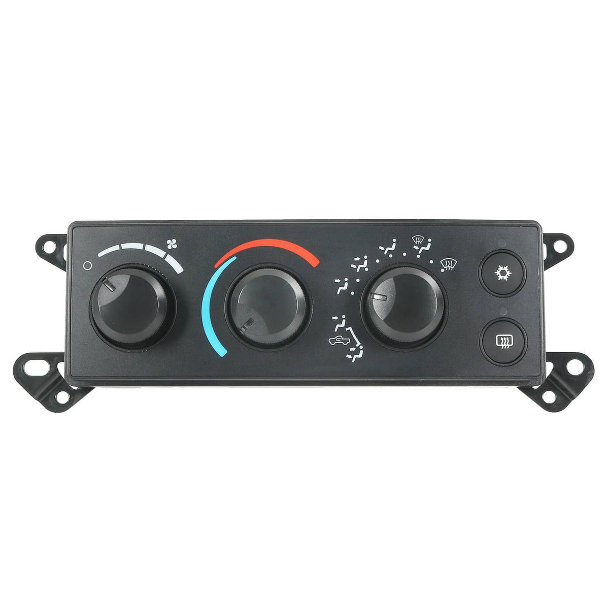 A/C heater climate control module with three black knobs and blue/red indicator arcs.