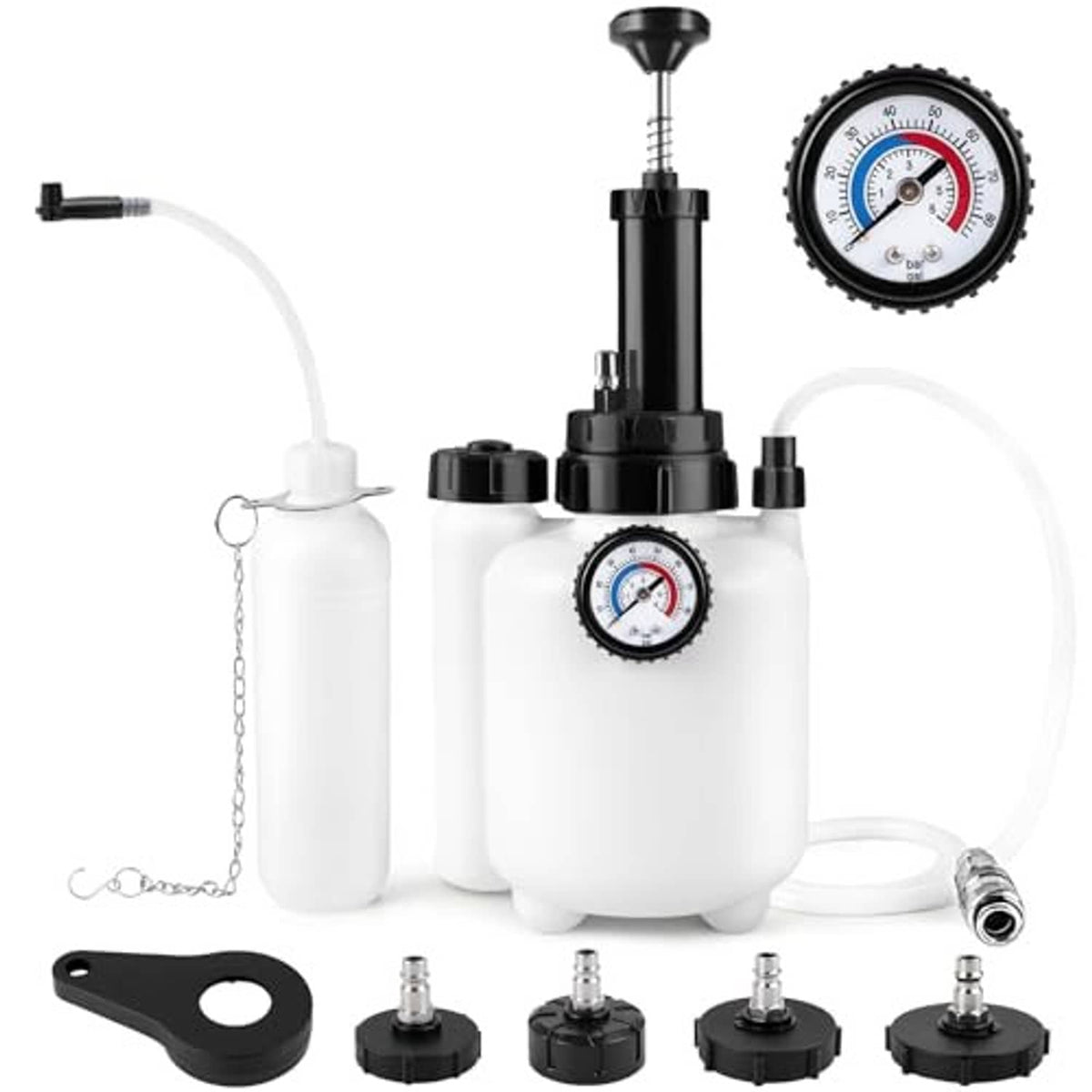 Brake power bleeder kit with white catch tank, black pump top, and pressure gauge
