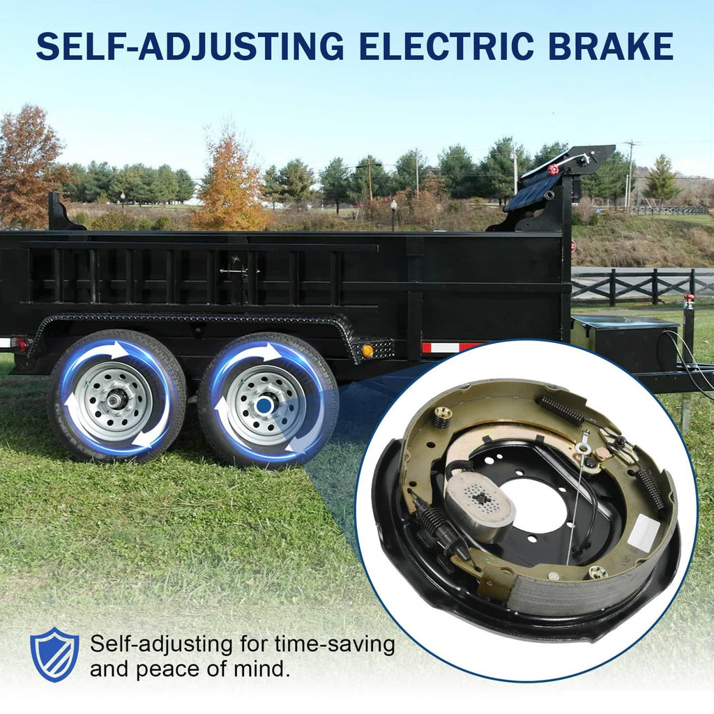 Self-adjusting electric trailer brake assembly with backing plate, black and gold