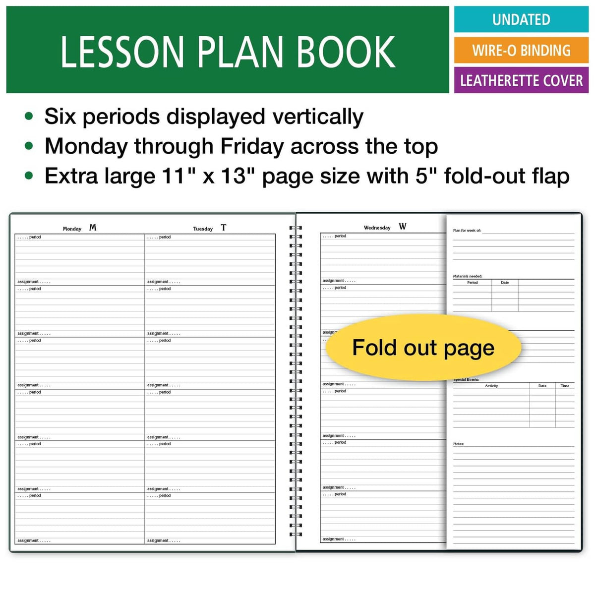 Teacher lesson plan book with leatherette cover, wire-o binding, six vertical periods.