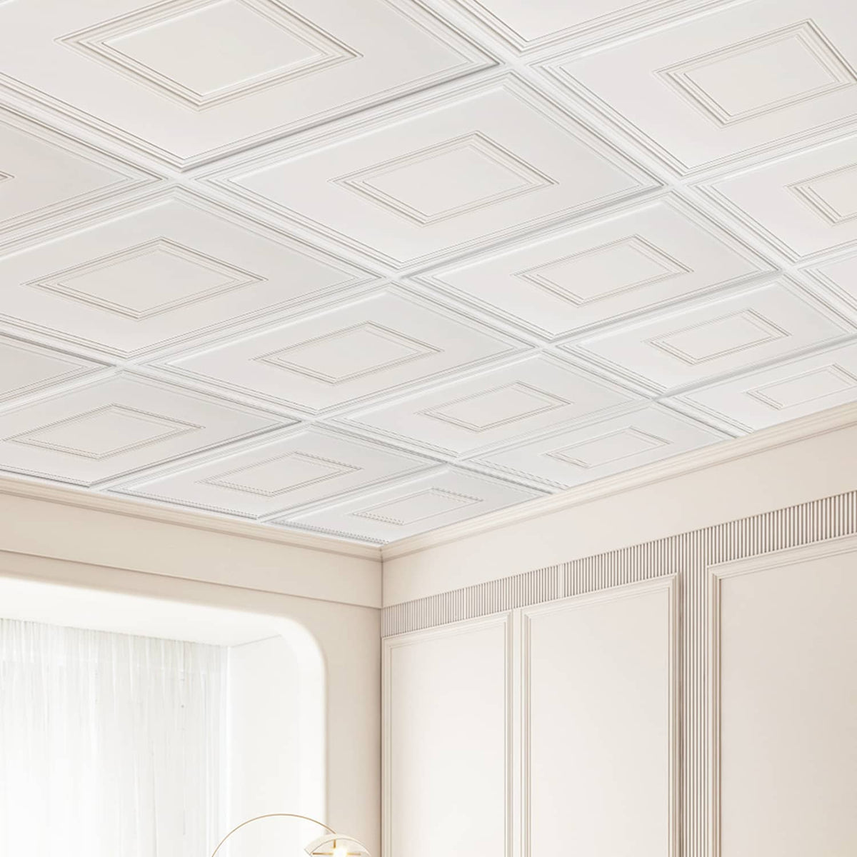 White geometric ceiling tile pattern with square inset frames across the ceiling