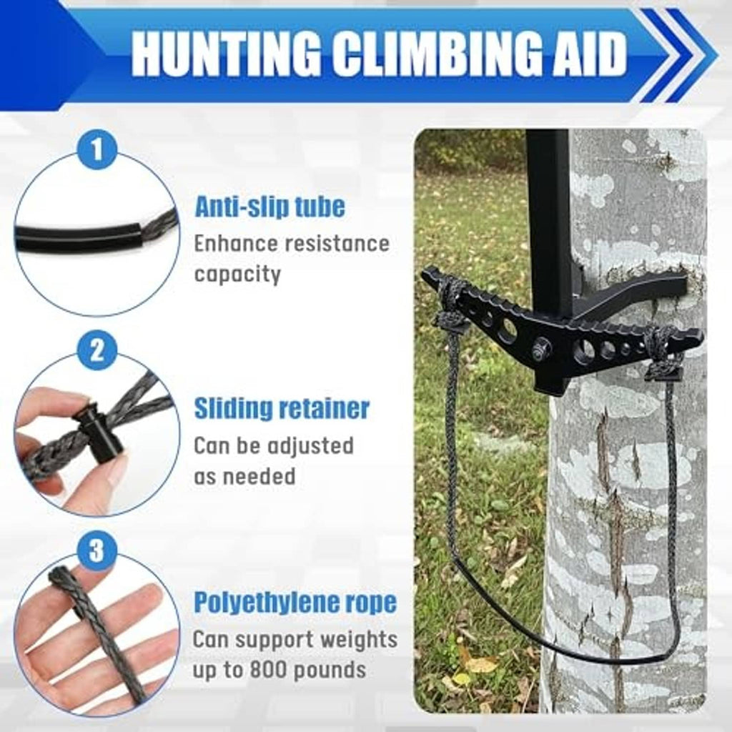 Hunting climbing aid graphic featuring anti-slip tube and sliding retainer on rope