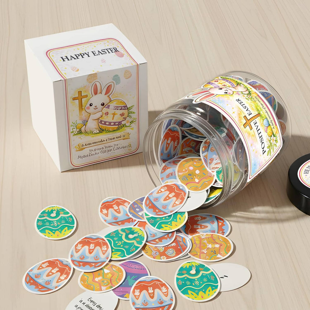 Positive Easter jar with cards spilling out and Happy Easter gift box