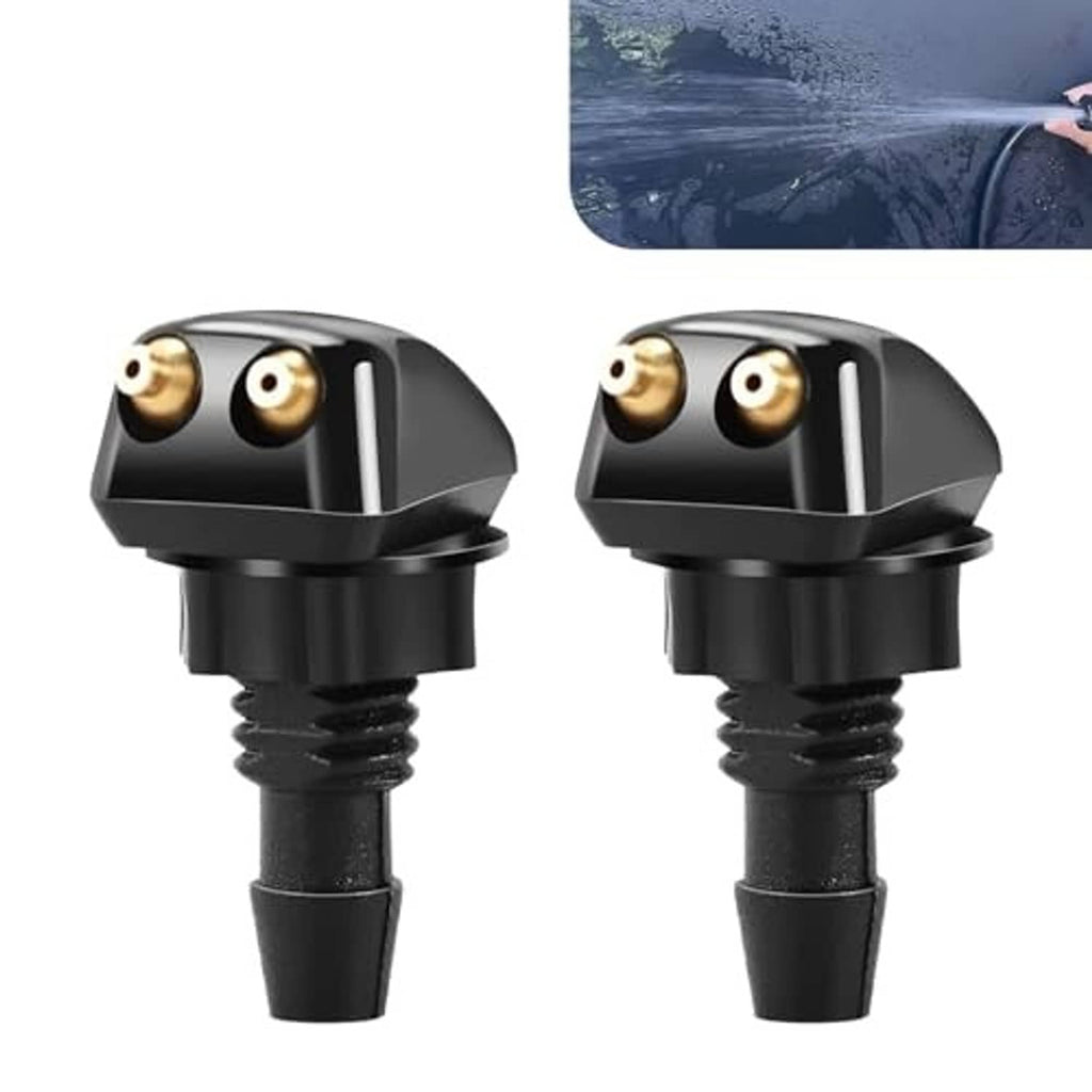 Pair of black windshield washer nozzles with brass double-hole sprayers and threaded stems.