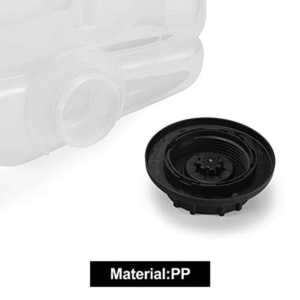 Coolant reservoir tank with black threaded cap opening; material label shows PP