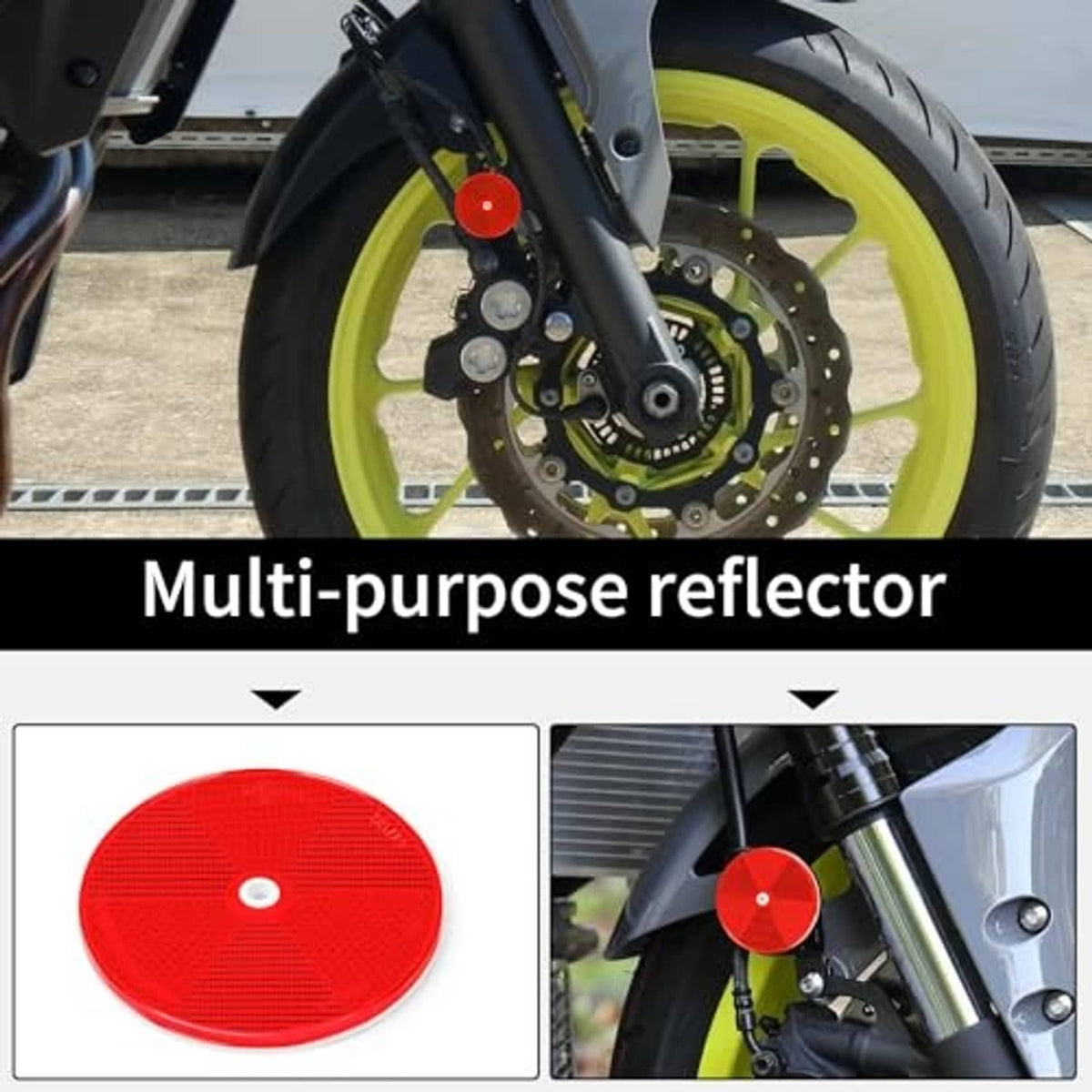 Red round screw-on bike reflector mounted near the front wheel and fork