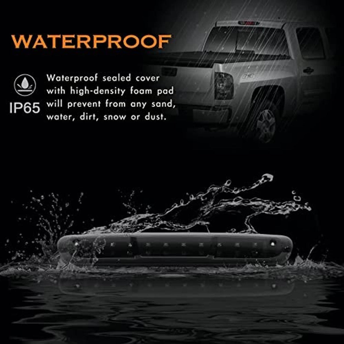 Waterproof-rated black LED high mount stop light bar shown with water splash effects