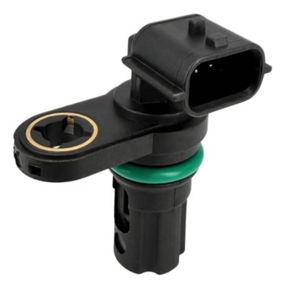 Camshaft position sensor with black housing, green seal, and metal mounting ring