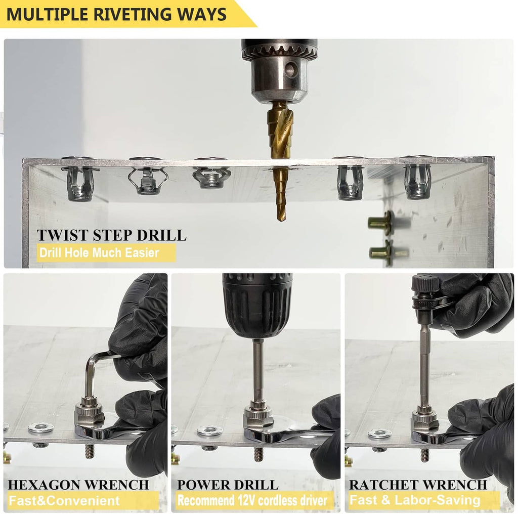 Jack nut rivet installation using twist drill and hex wrench on workpiece