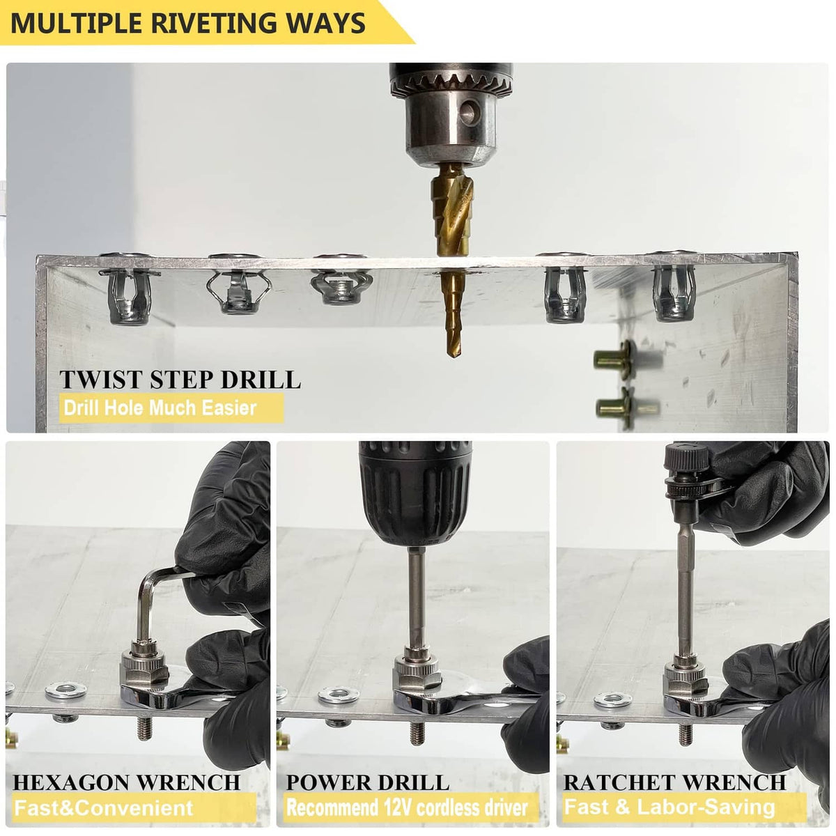 Jack nut rivet installation using twist drill and hex wrench on workpiece