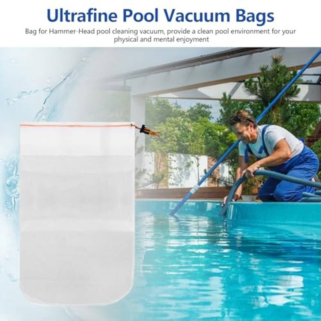 White pool vacuum bag with orange drawstring cord attached to cleaner