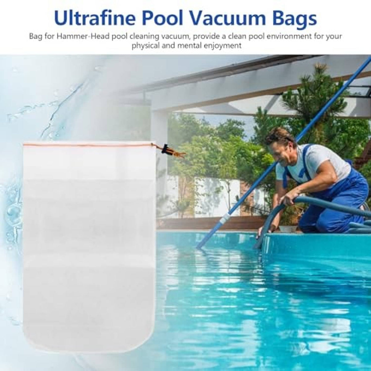 White pool vacuum bag with orange drawstring cord attached to cleaner