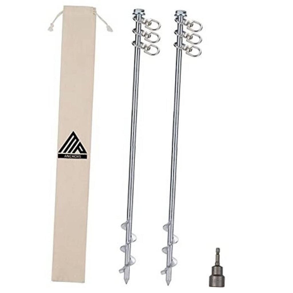 Set of 2 steel screw-in ground anchors with three-ring heads and spike tips