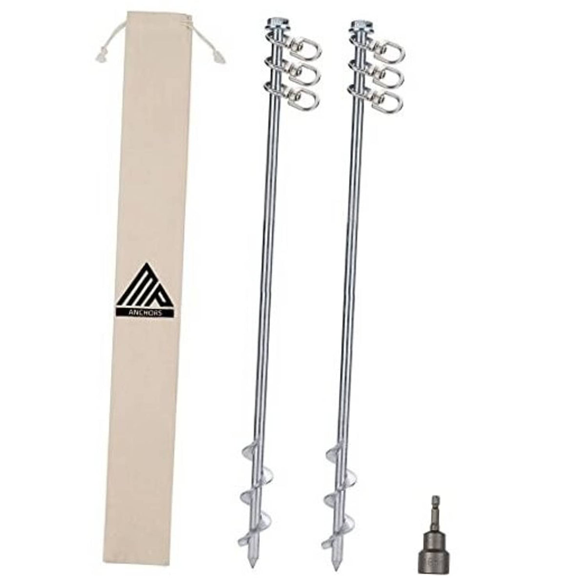 Set of 2 steel screw-in ground anchors with three-ring heads and spike tips