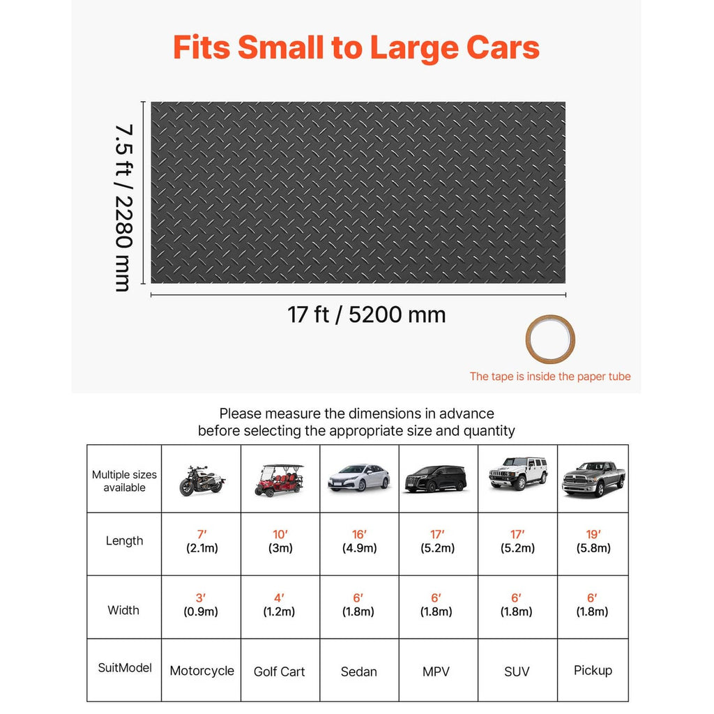 Black diamond-plate PVC garage floor mat shown with length and width dimensions