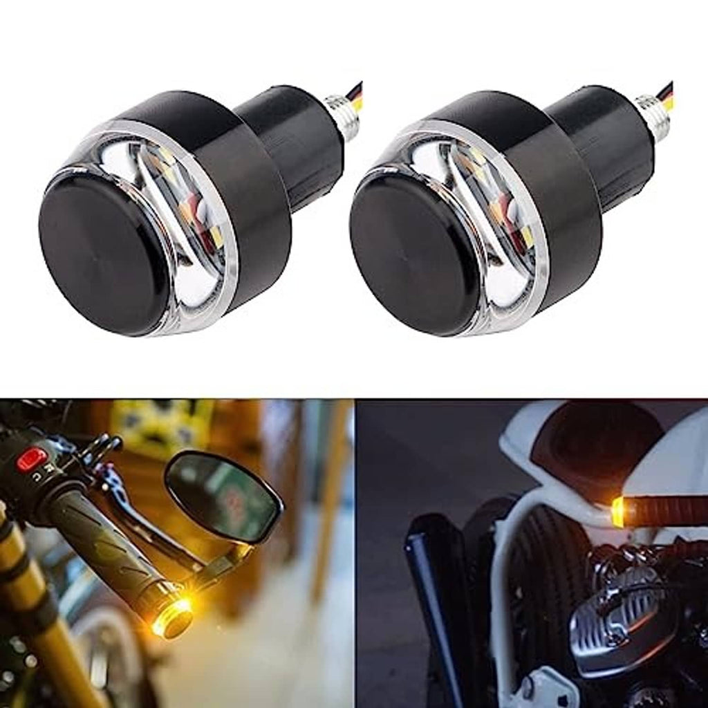 Motorcycle handlebar end LED lights, two round black lights with chrome bezel and side view