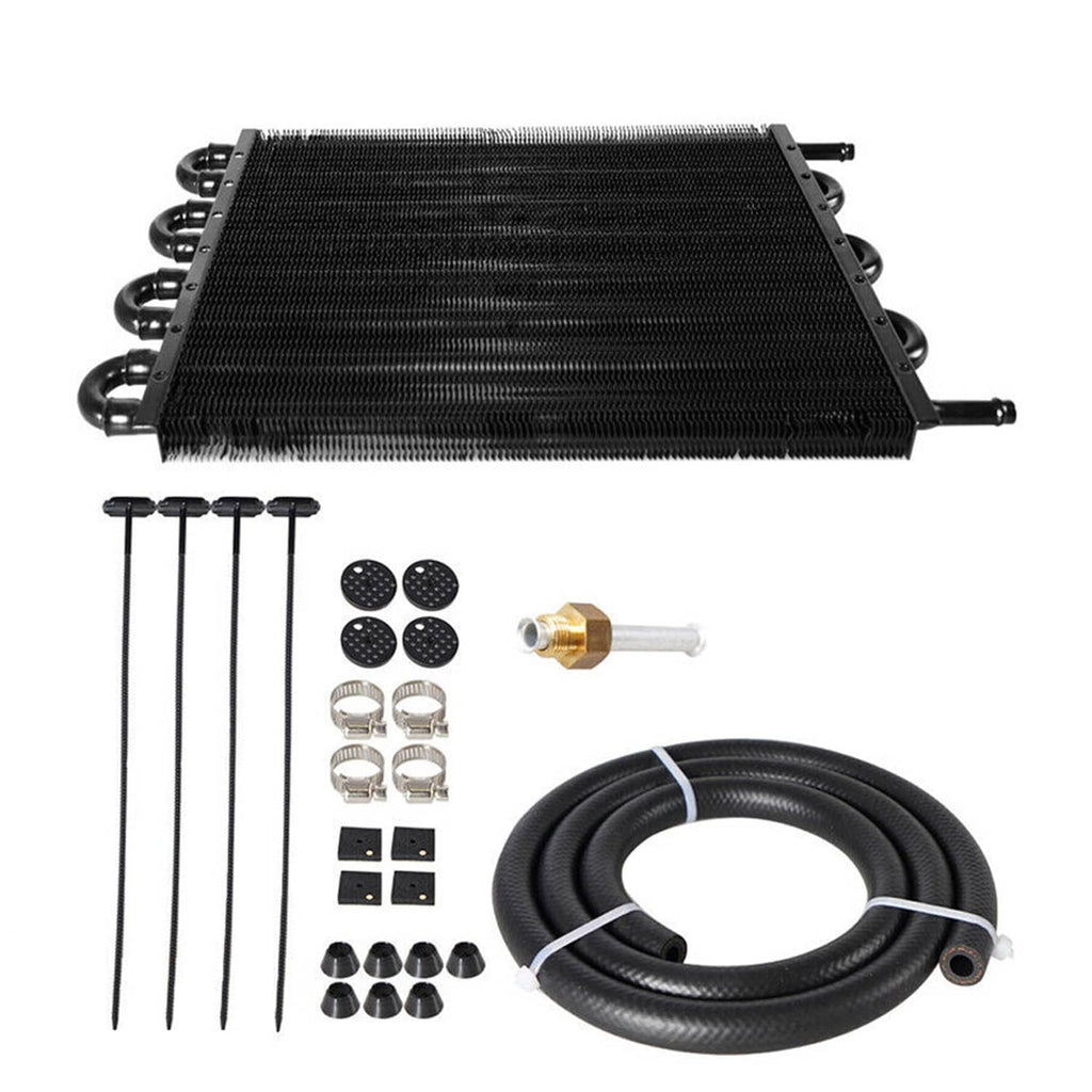Oil cooler radiator converter kit with core, hoses, rods, clamps, and fittings