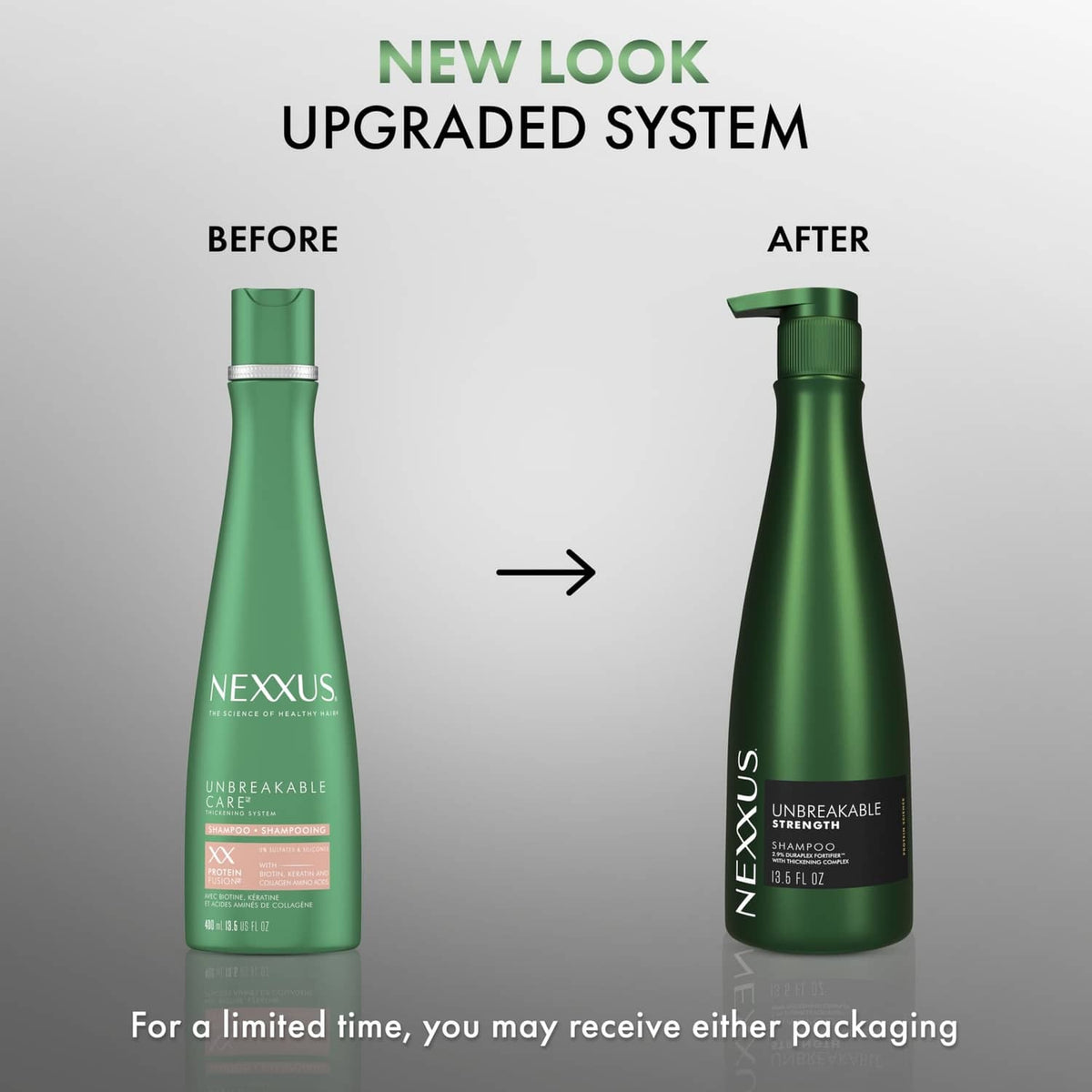 Two Nexxus green shampoo bottles shown side by side with after/before arrow