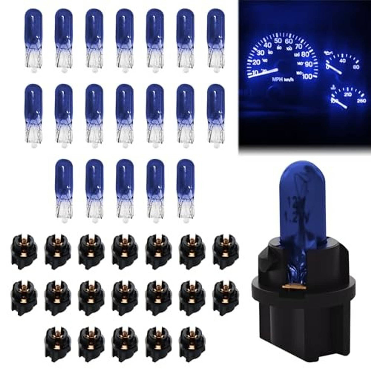 Blue halogen dashboard bulb set with multiple clear lamps and black mounting bases