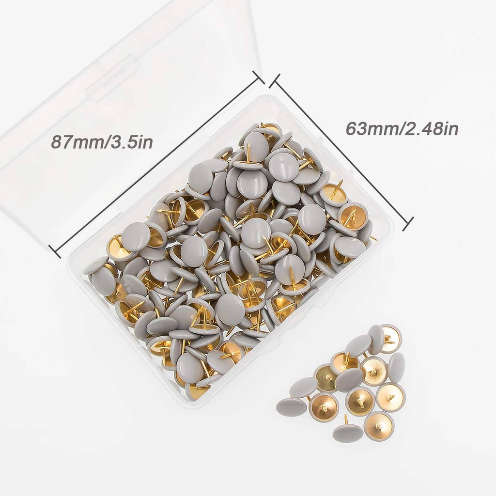 200-count bag of gray round-head thumbtacks with gold pins, with a small pile