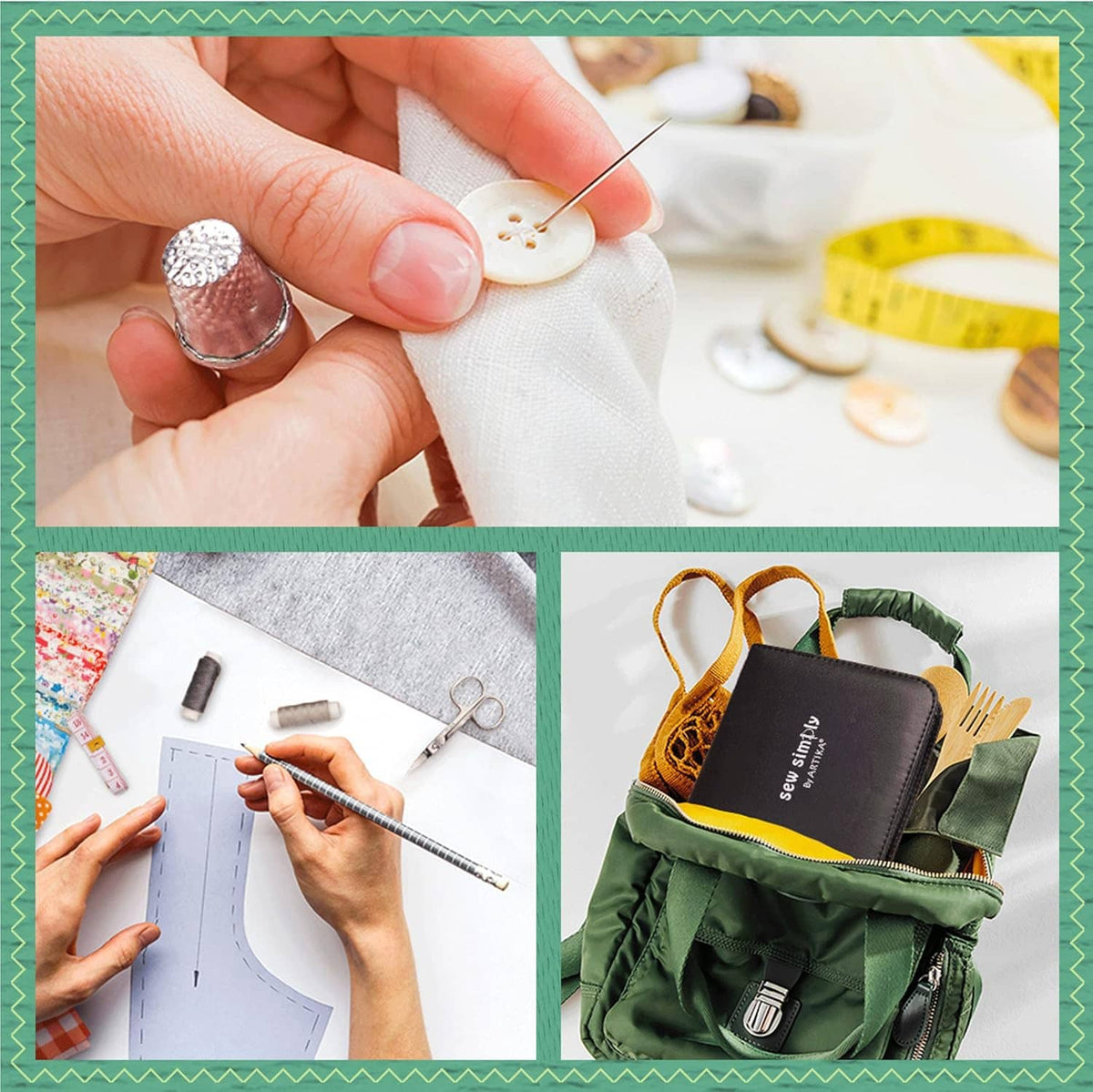 Sewing accessories set with hands pinning fabric, needle tools, and matching thread spools