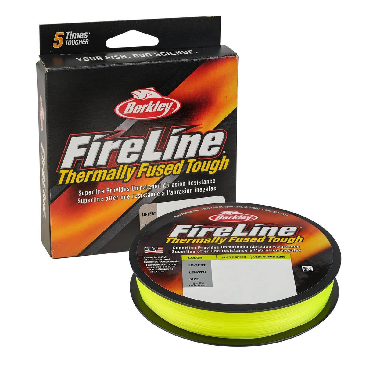Thermally Fused Tough Flame Green fishing line spool with green line and box