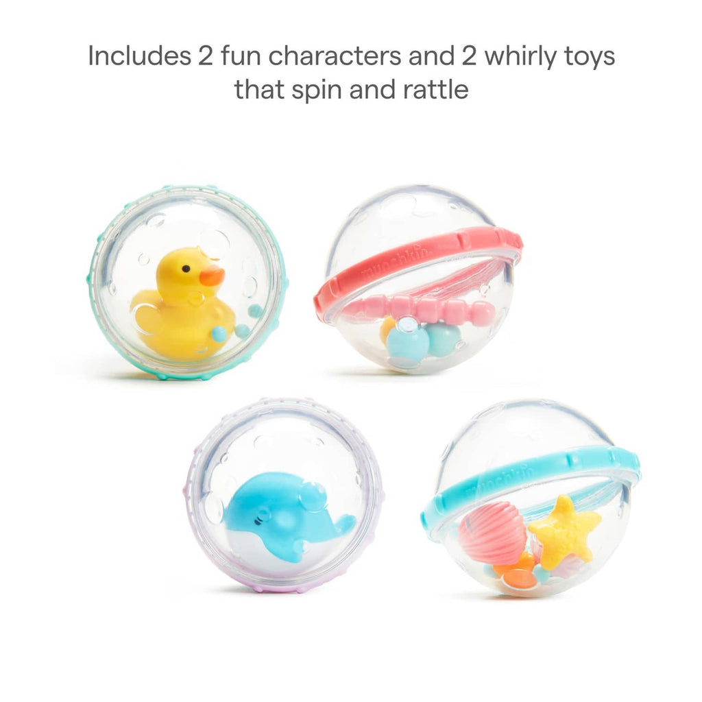 Four bubble float bath toys displayed: duck, whale, starfish, and seahorse in pods