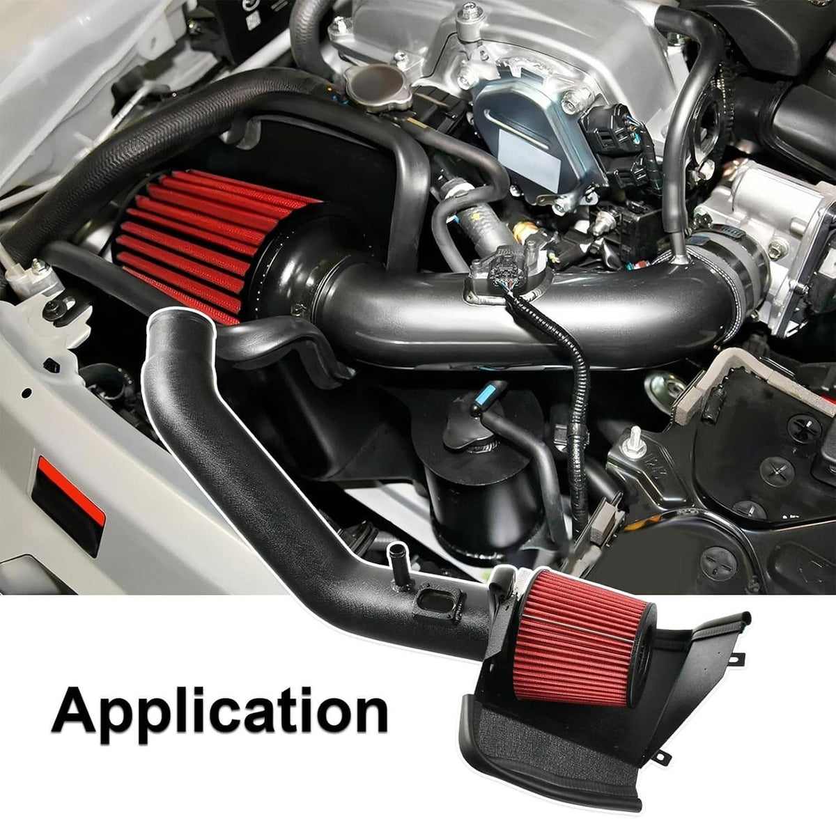 Cold air intake tube with red panel air filter shown in engine compartment