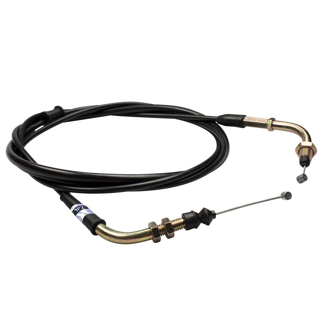 Throttle cable with black housing, brass barrel adjuster, and wire ends