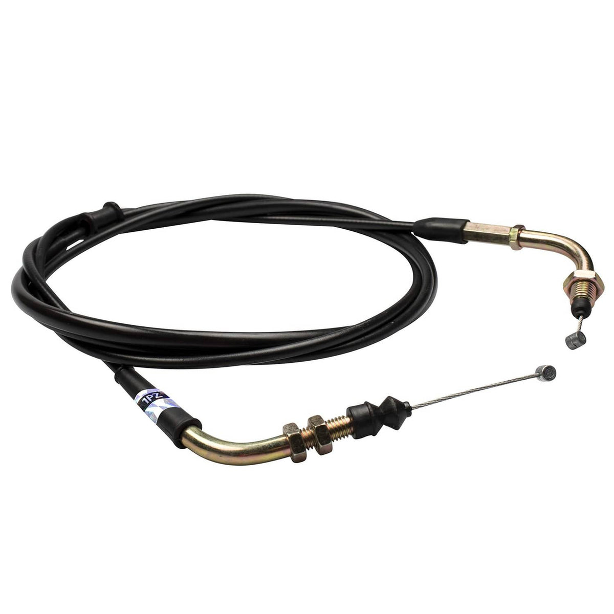 Throttle cable with black housing, brass barrel adjuster, and wire ends