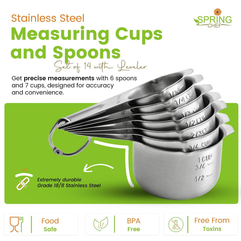 Stainless steel measuring cup and spoon set with ring handles and nested design