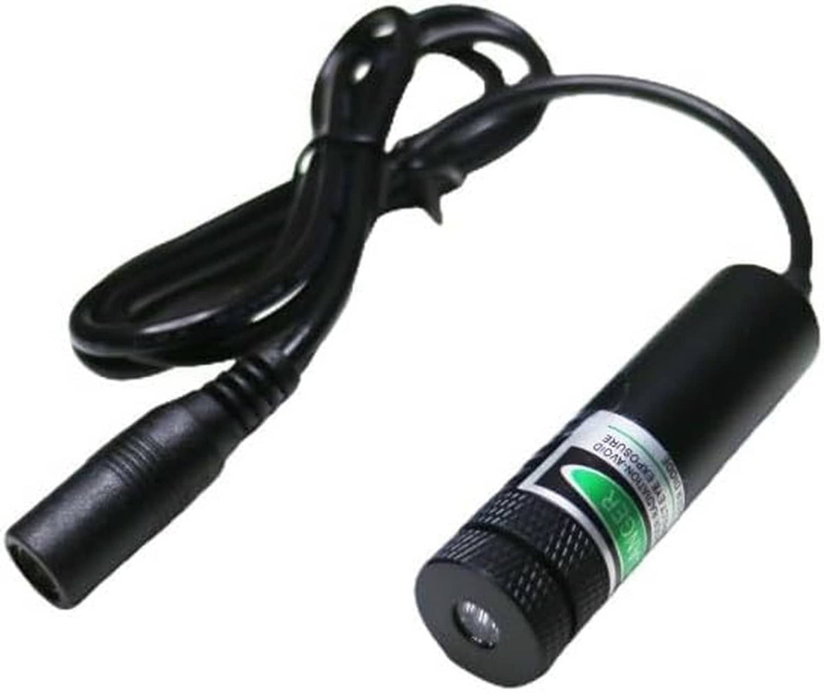 Black cylindrical laser projector module with attached cable and front lens tip