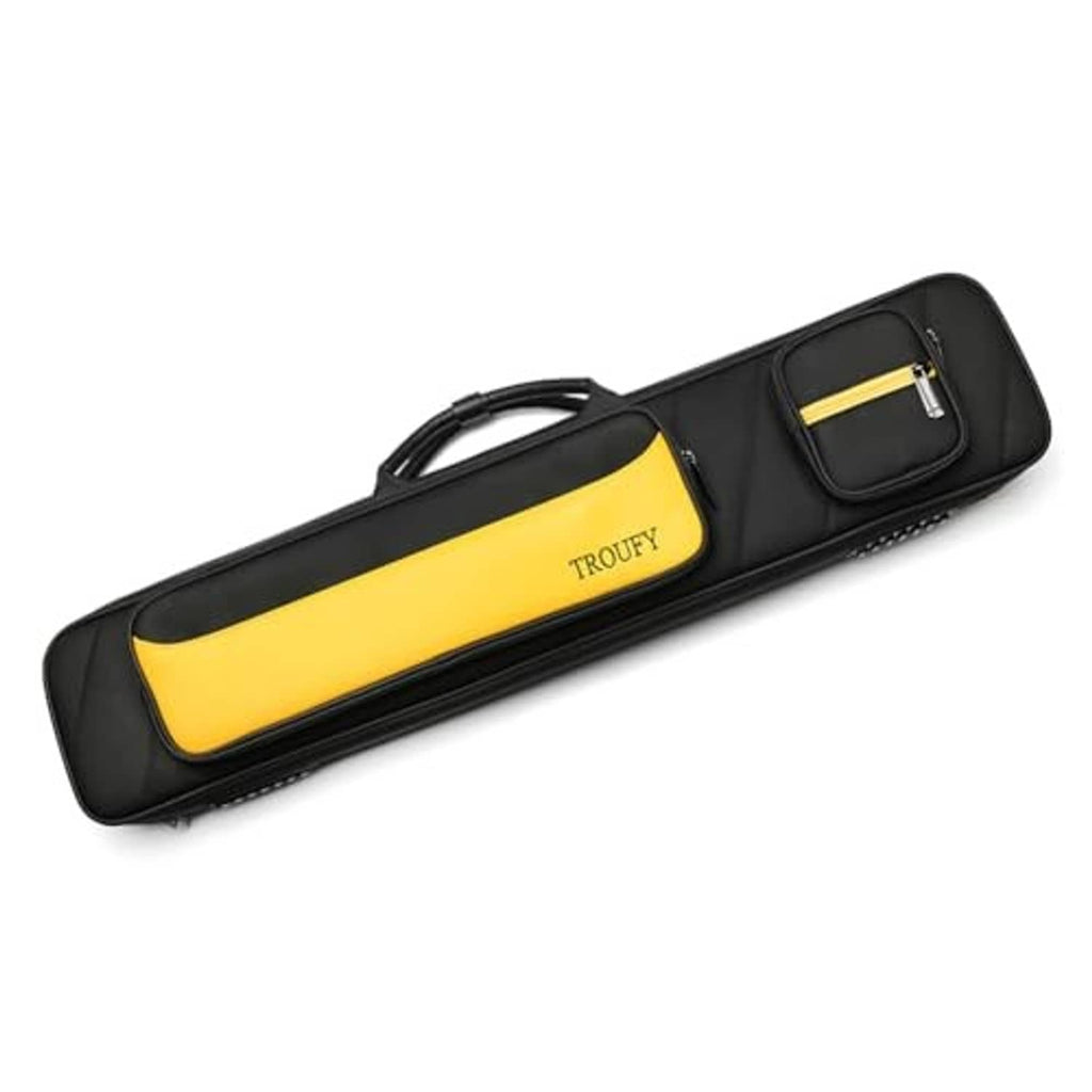 Yellow panel pool cue case in black with top handle and zip pocket
