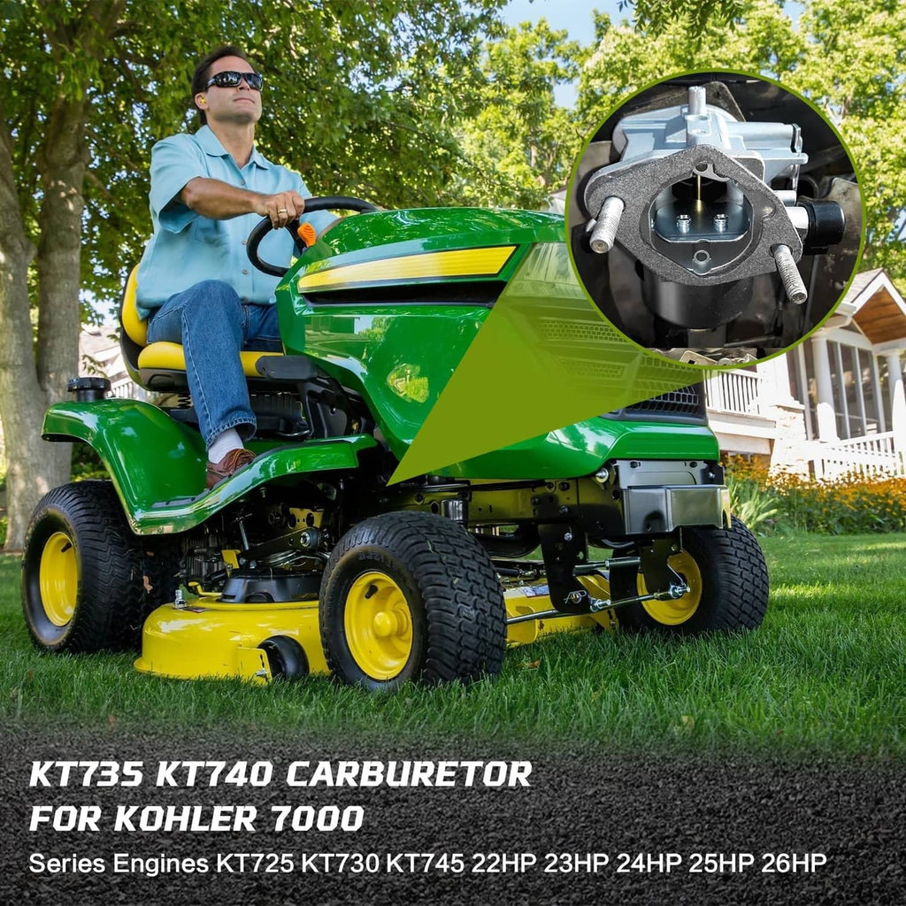 Carburetor with mounted components shown on green riding lawn mower