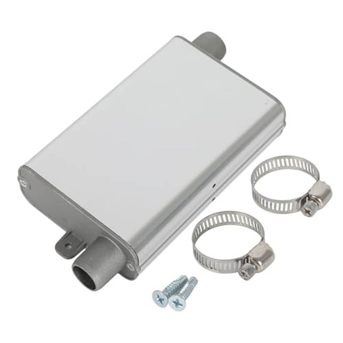 Silver exhaust muffler silencer with outlet pipe, two hose clamps, mounting hardware screw