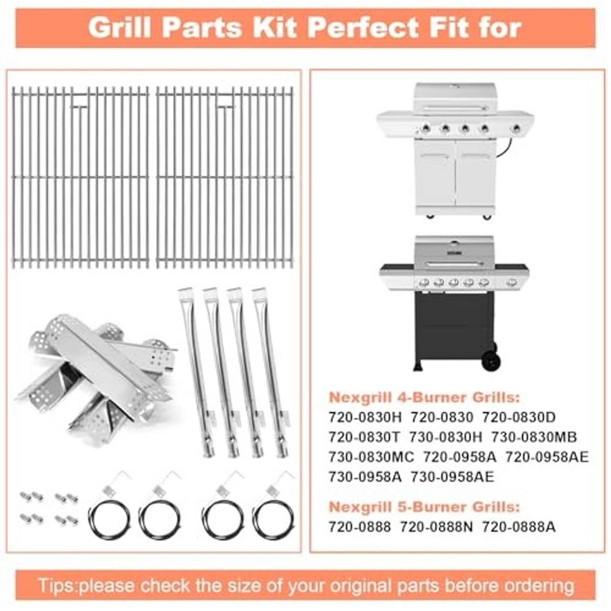 Nexgrill 4-burner grill parts kit with grates, heat plates, burners, screws