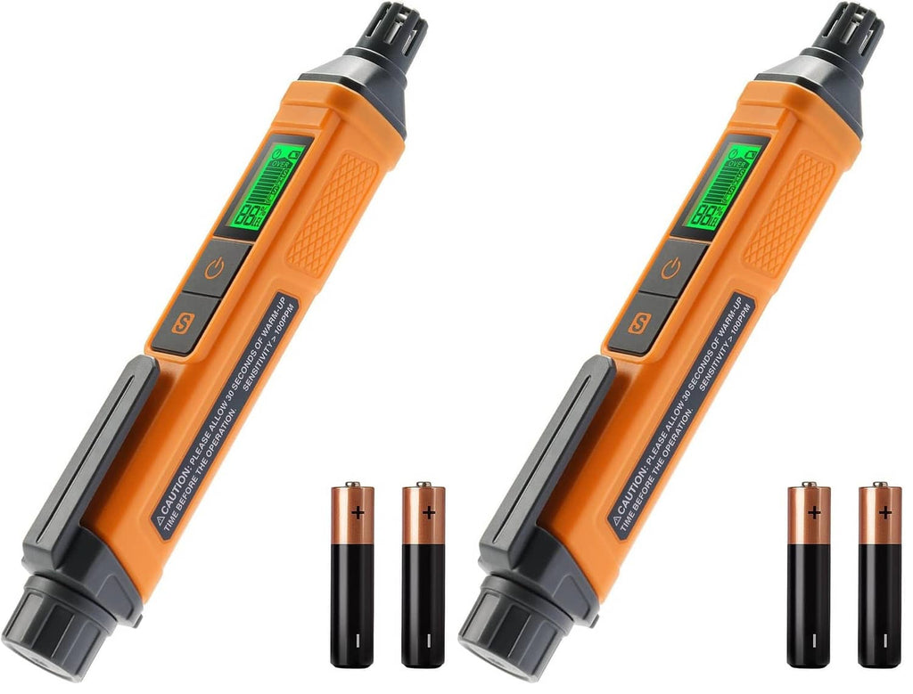 Orange portable gas detector, pair with black end caps and green LCD screen.