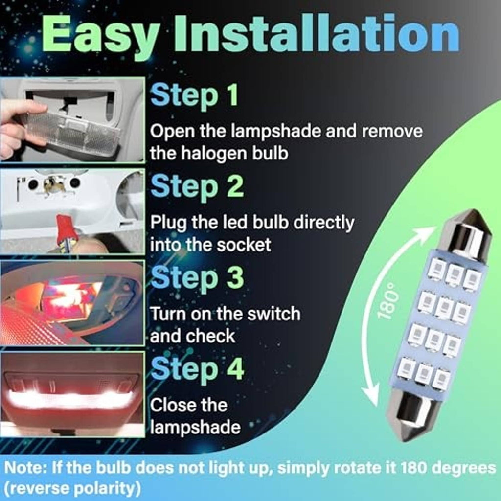 T10 LED dome bulb with red housing and installation steps graphic, silver plug end