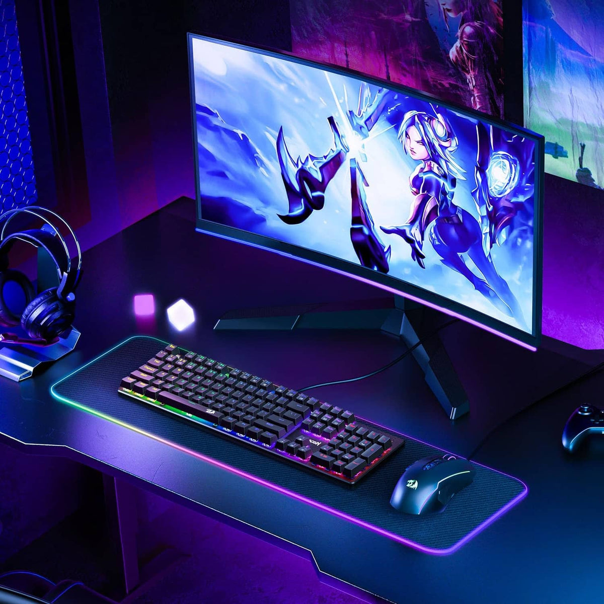 Black mechanical gaming keyboard with multicolor RGB backlighting on desk.