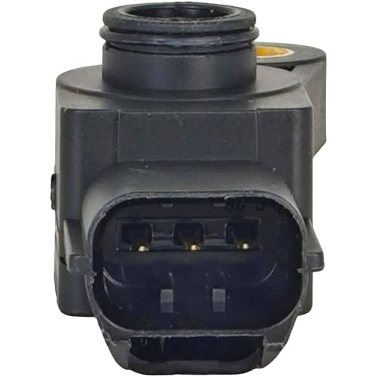 Throttle position sensor with black connector housing and exposed electrical pins