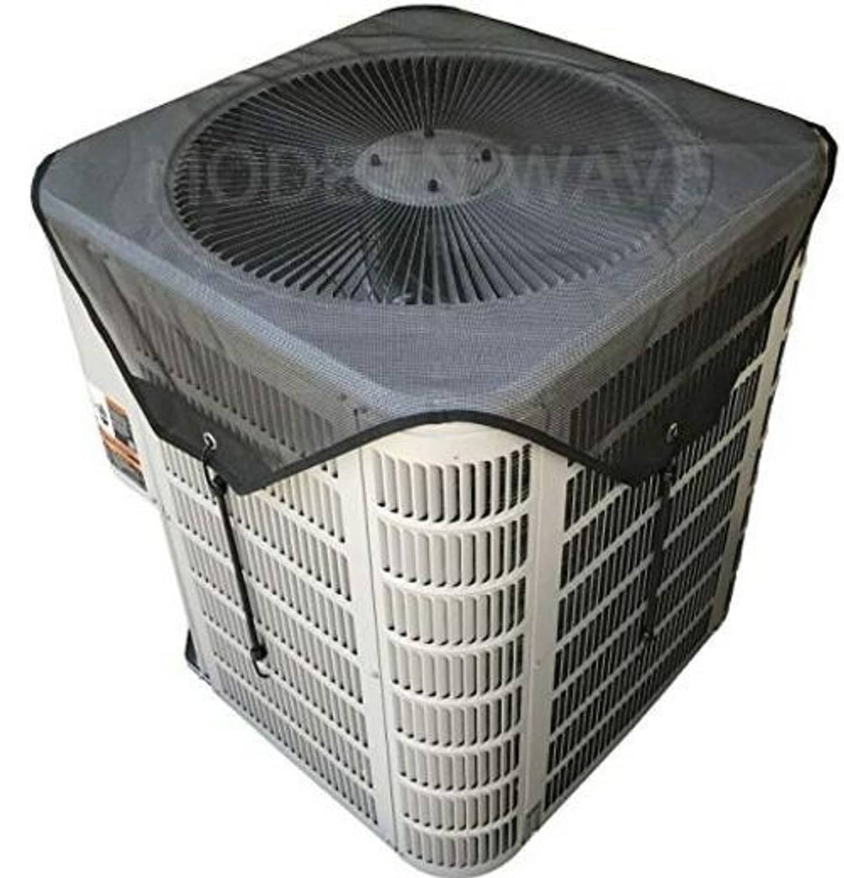 Square outside AC unit cover with dark mesh top and elastic bungee cords