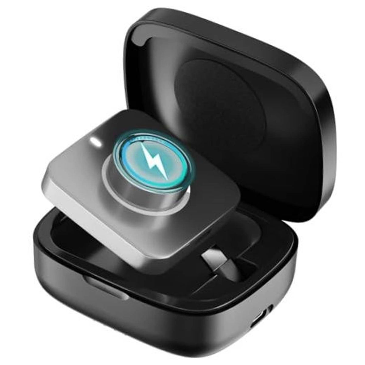 Black wireless charging case with open lid and glowing blue charging pad