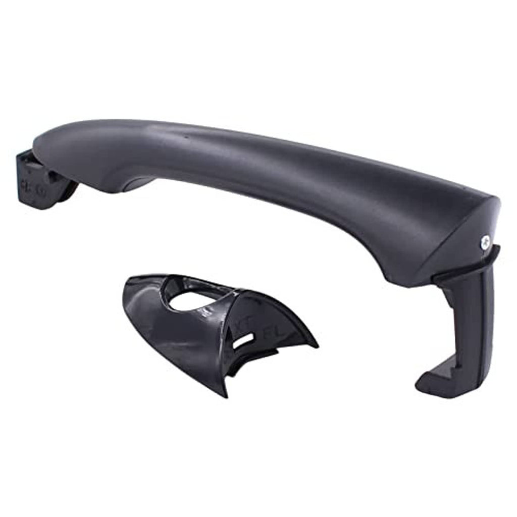 Exterior door handle with dark gray grip, partial cover and circular bezel, close-up