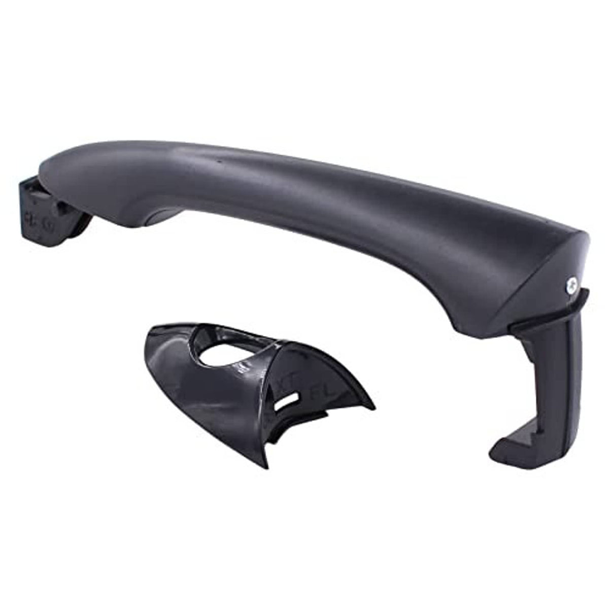 Exterior door handle with dark gray grip, partial cover and circular bezel, close-up