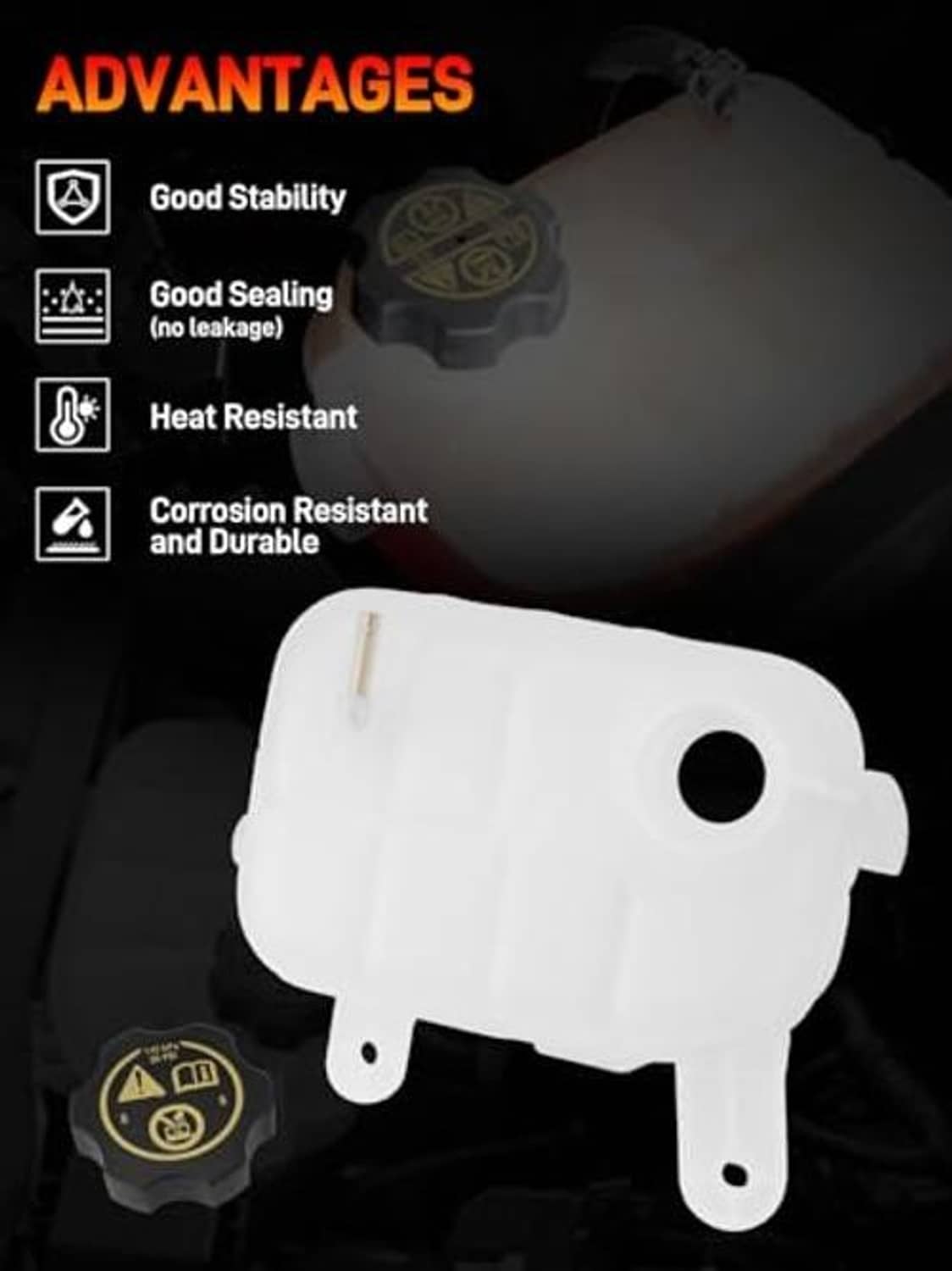 White engine coolant reservoir tank with black cap and side vent openings