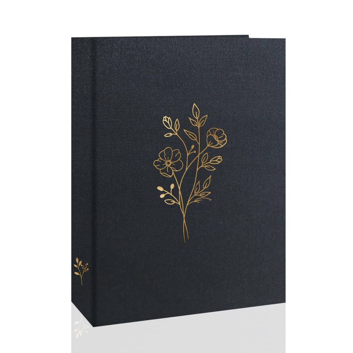 Black photo album cover with gold botanical tree illustration design